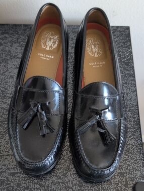 Cole Haan Black Leather Tassel Penny Loafers